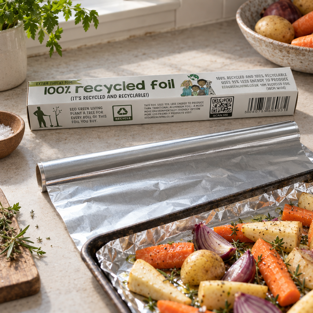 Eco Green Living 100% recycled foil beside a tray of roast vegetables