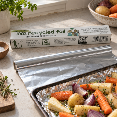 Eco Green Living 100% recycled foil beside a tray of roast vegetables