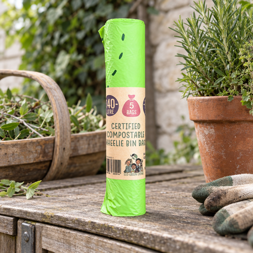 Eco Green Living 140 litre compostable wheelie bin bags roll on a garden bin store