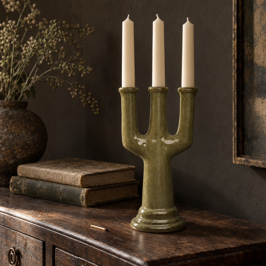 Khaki glazed three-arm ceramic candlestick holder with cream candles on an oak sideboard