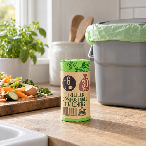 Eco Green Living 6 litre compostable caddy bags beside a food caddy