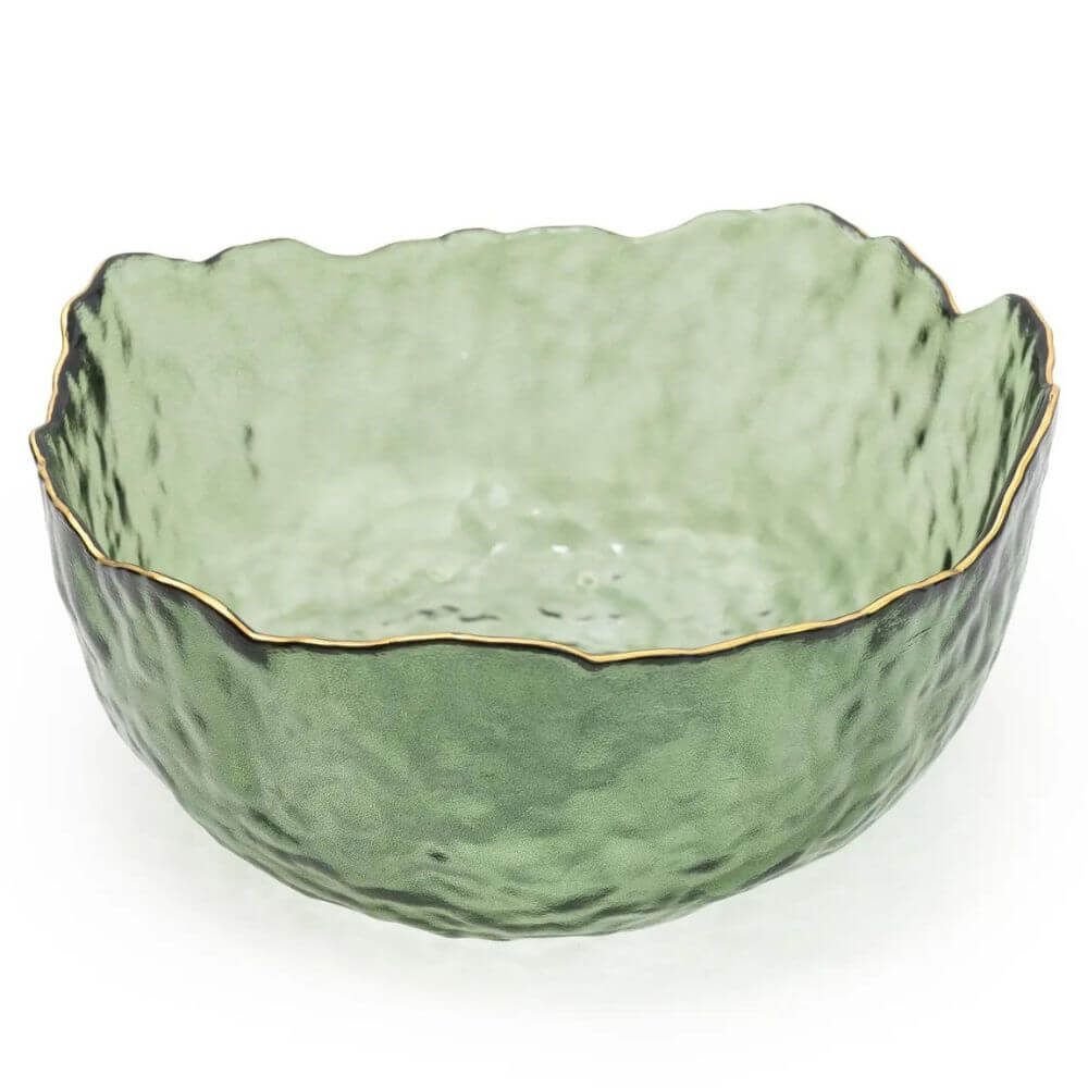 Green Glass Wavy Bowl with Gold Rim