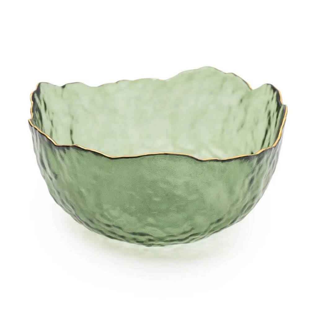 Green Glass Wavy Bowl with Gold Rim