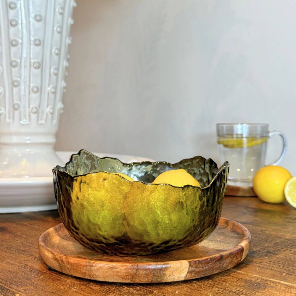 Green Glass Wavy Bowl with Gold Rim