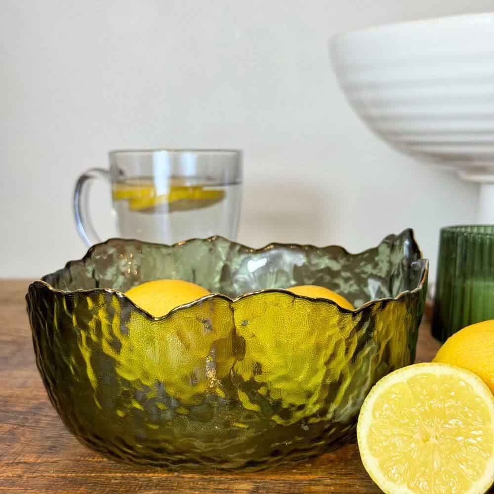 Green Glass Wavy Bowl with Gold Rim