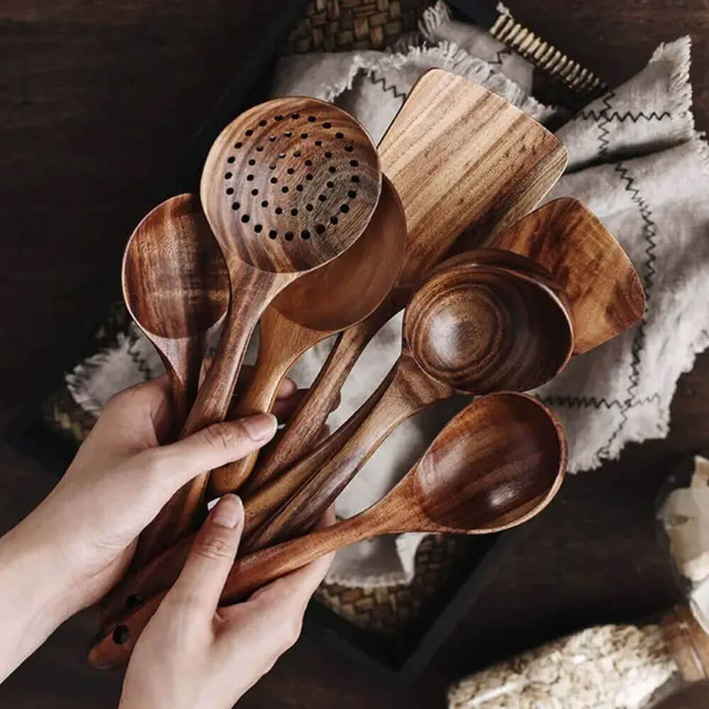 7 Piece Natural Teak Utensil Set