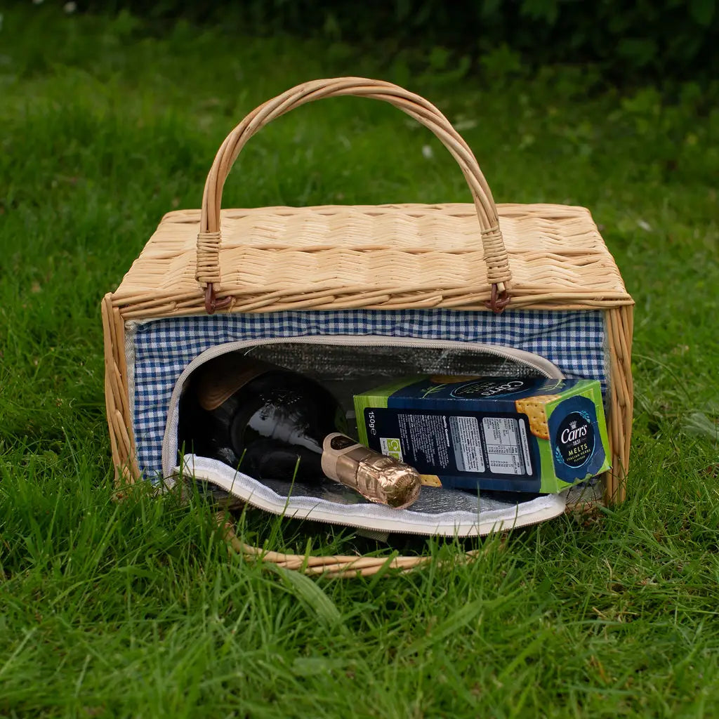 Natural Wicker Cool Bag with A Blue Gingham Lining