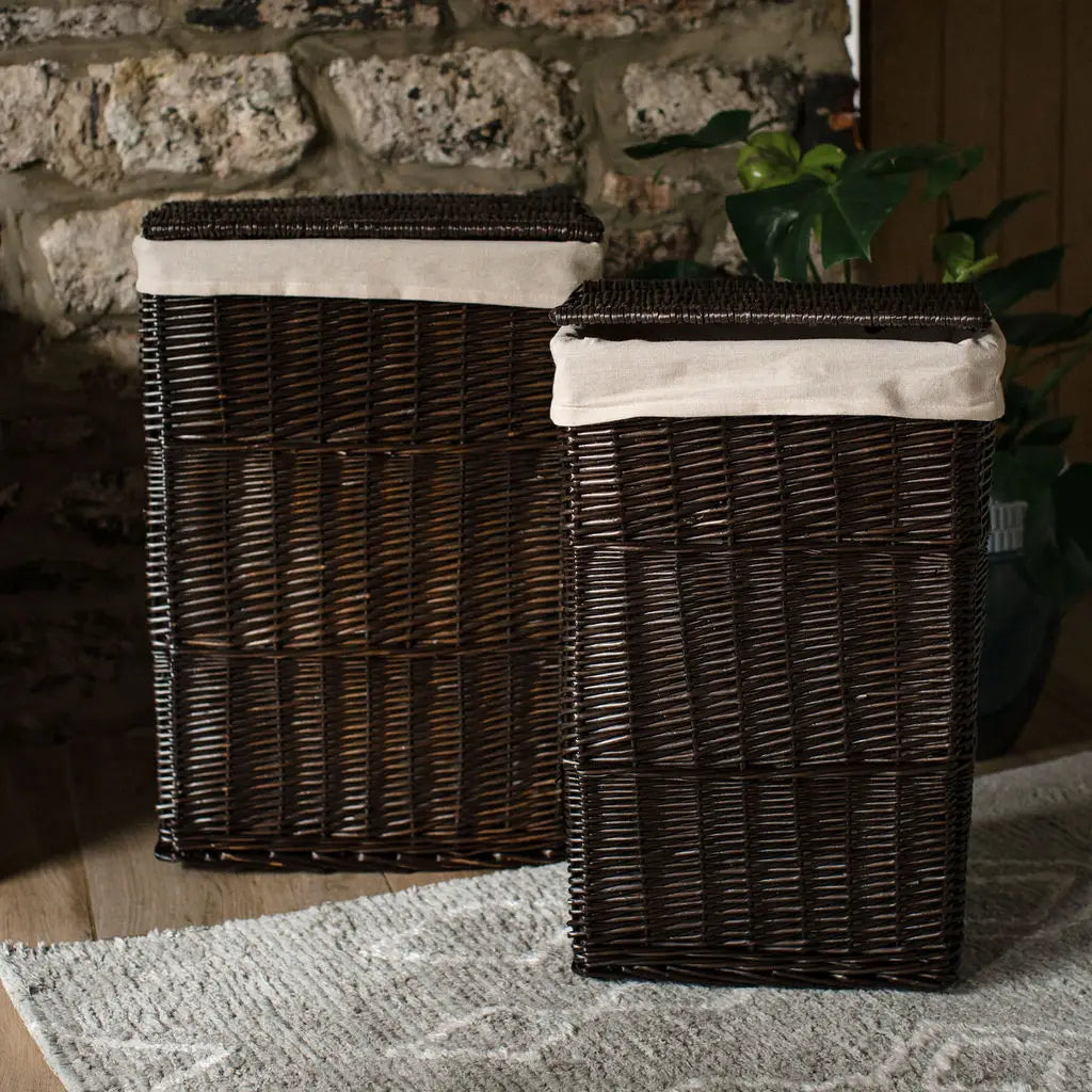 Dark Coffee Lined Wicker Laundry Basket