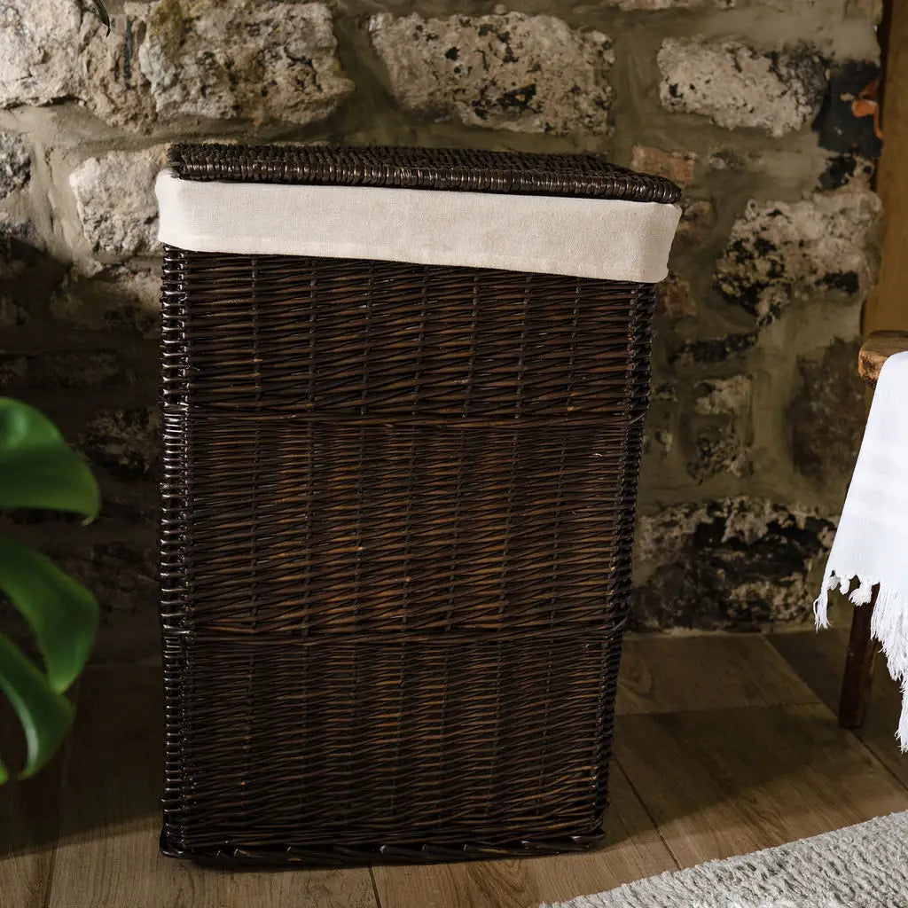 Dark Coffee Lined Wicker Laundry Basket
