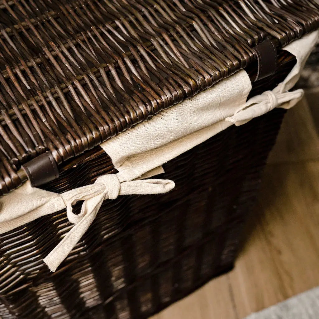 Dark Coffee Lined Wicker Laundry Basket