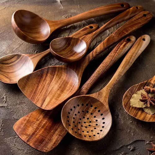 7 Piece Natural Teak Utensil Set - Serving