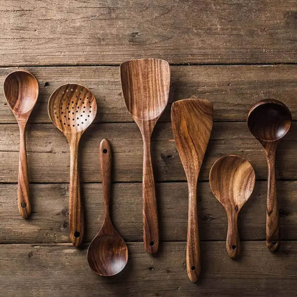 7 Piece Natural Teak Utensil Set