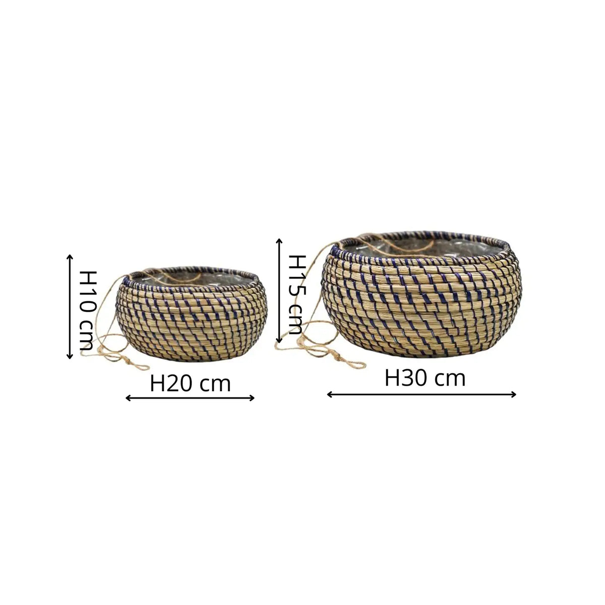 Seagrass Navy Lined Hanging Indoor Planters - Set of 2