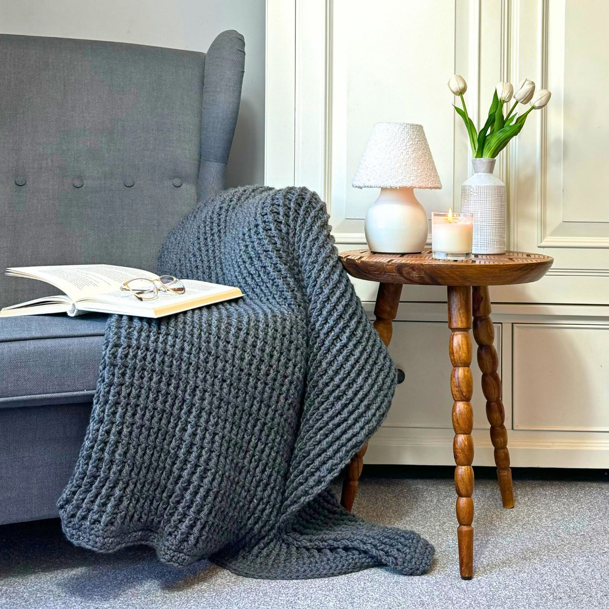 Handmade Dark Grey Chunky Knit Throw