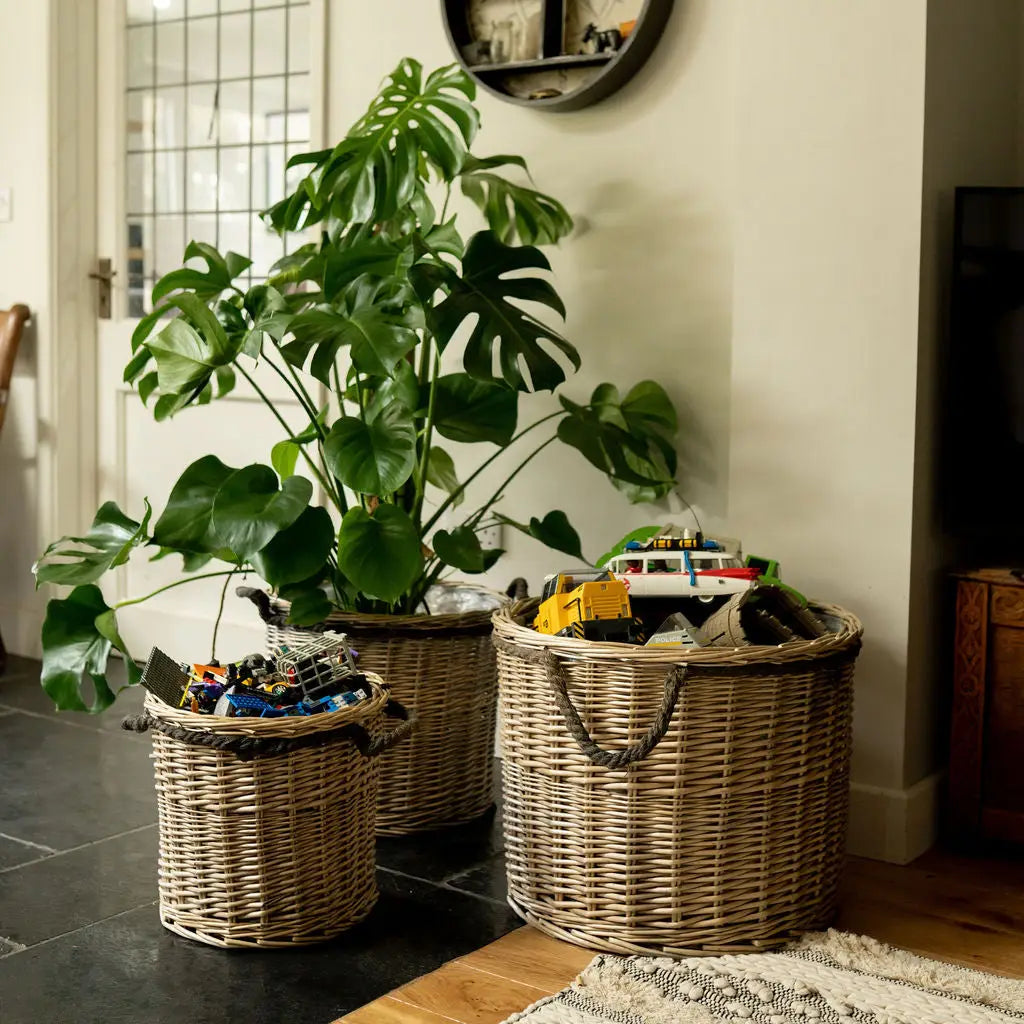 Light Grey Wicker Lined Planter Basket with Rope Handles