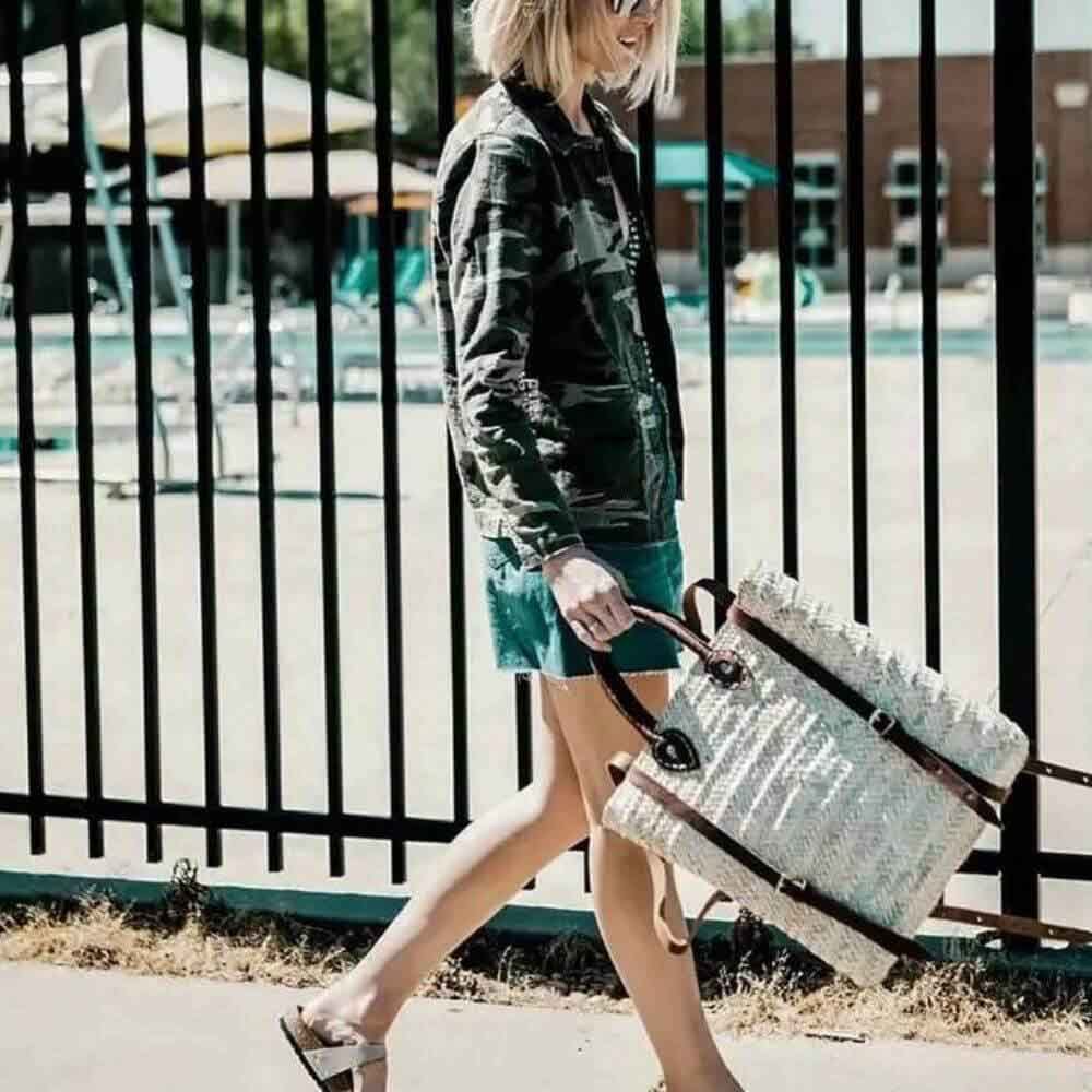 Straw Back Pack with Leather Strap