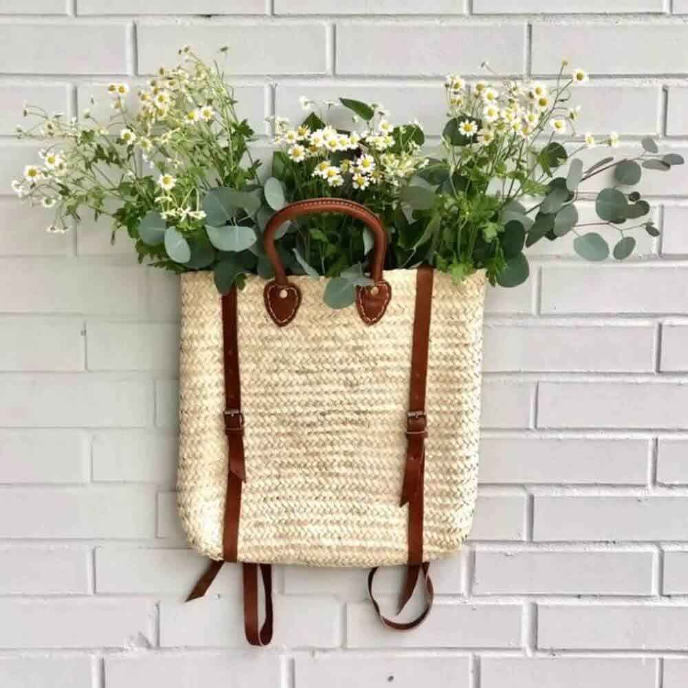 Straw Back Pack with Leather Strap