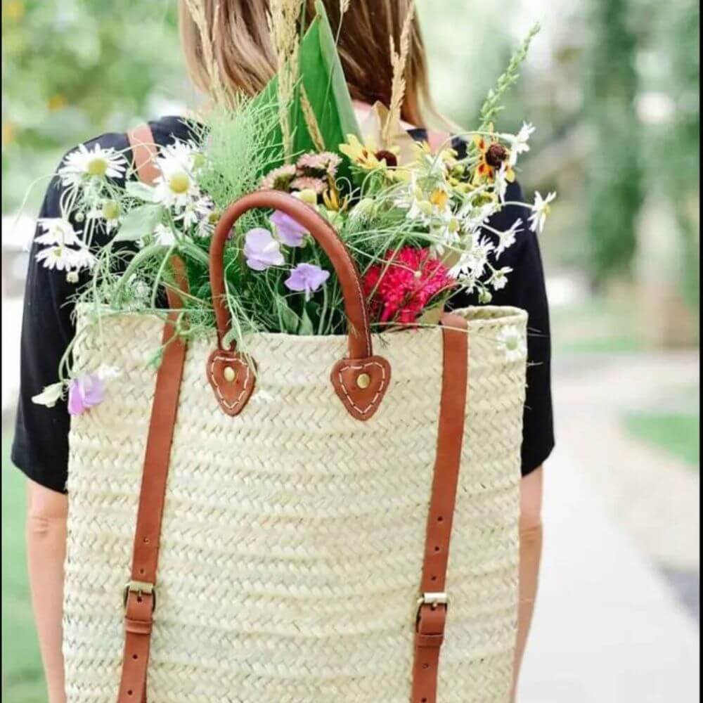 Straw Back Pack with Leather Strap