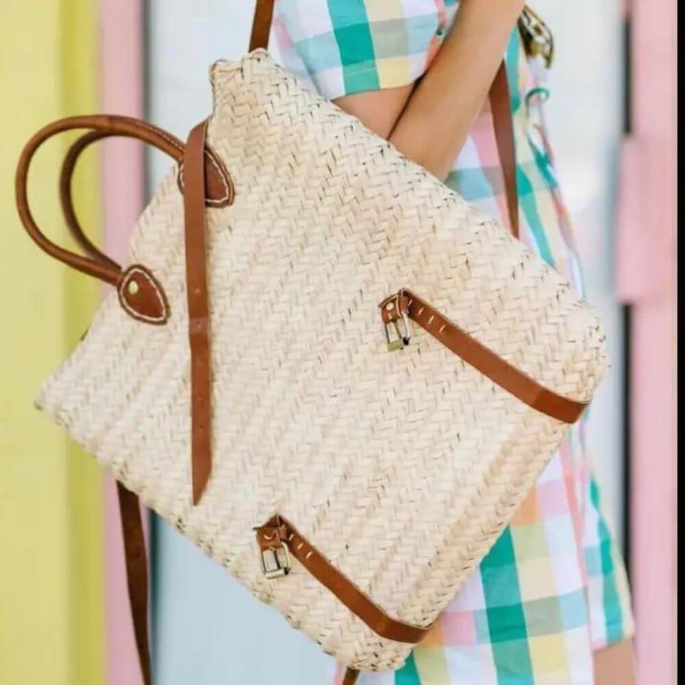 Straw Back Pack with Leather Strap
