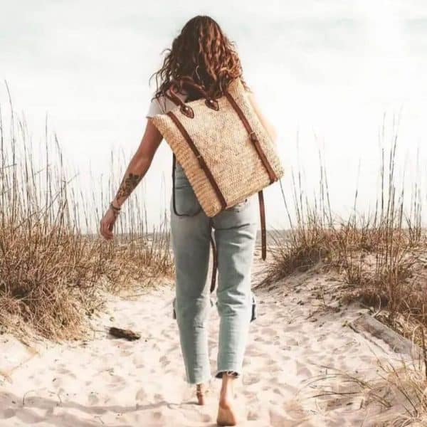Straw Back Pack with Leather Strap