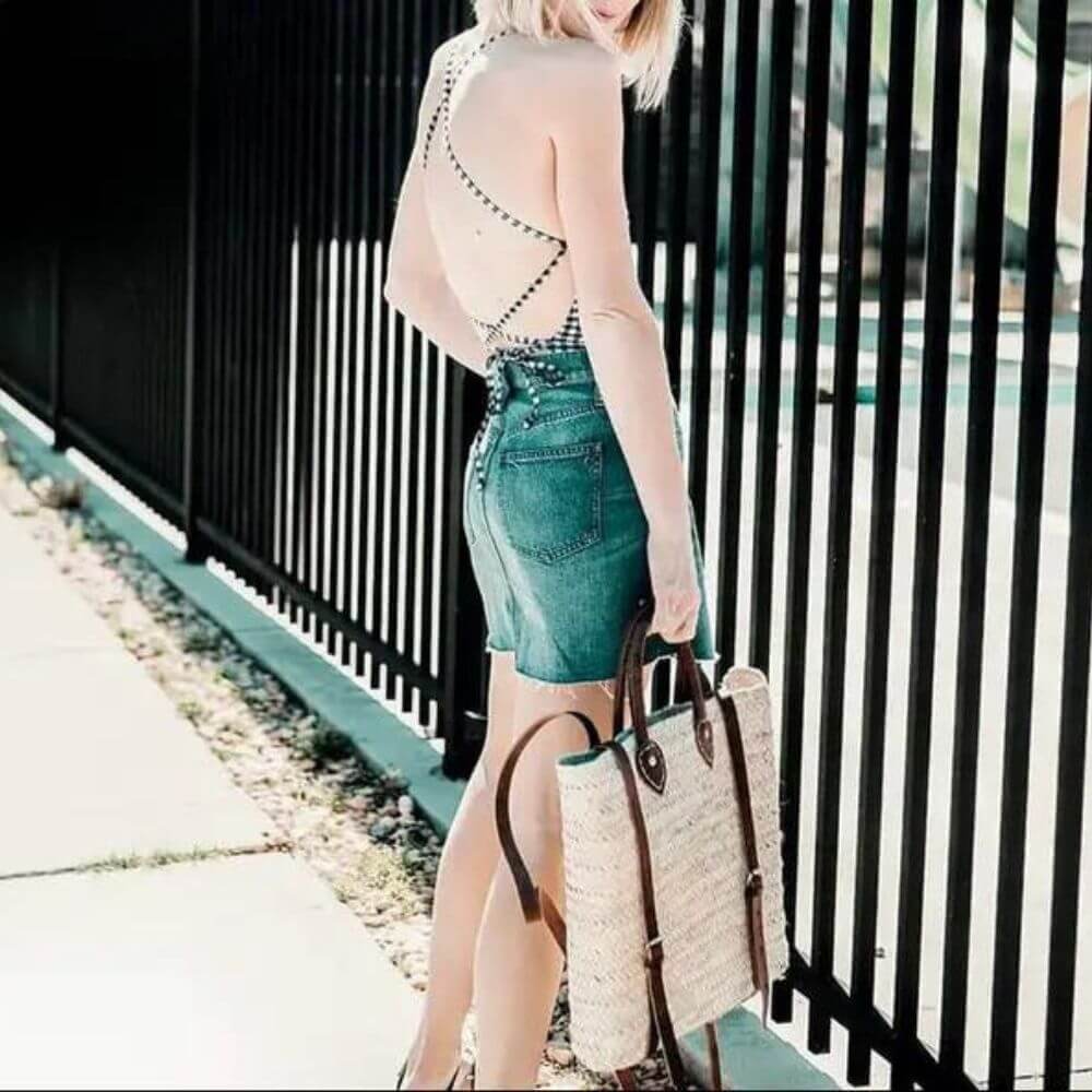 Straw Back Pack with Leather Strap