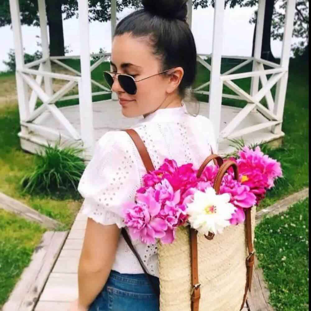 Straw Back Pack with Leather Strap