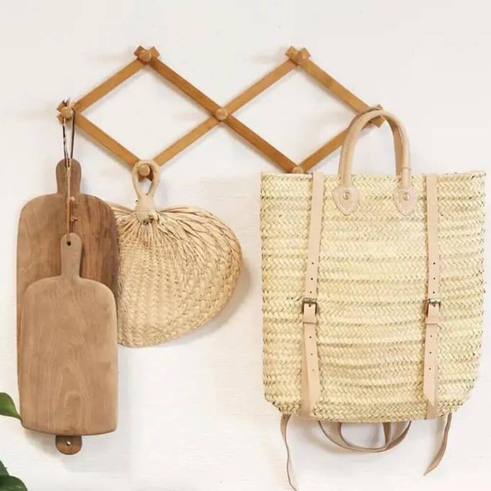 Straw Back Pack with Leather Strap
