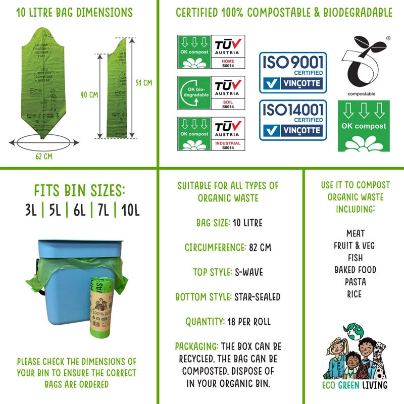 10L Compostable Waste Bags | 1 Roll of 18 Bags