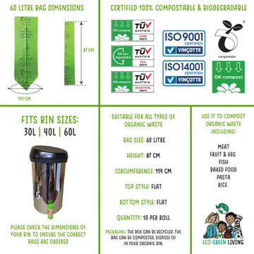 60L Compostable Waste Bags | 1 Roll of 10 Bags | Eco Green L