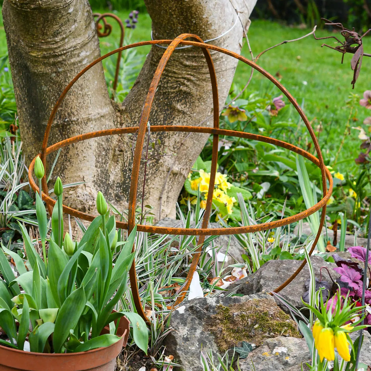 Rusty Metal Garden Sphere Trio Sculpture