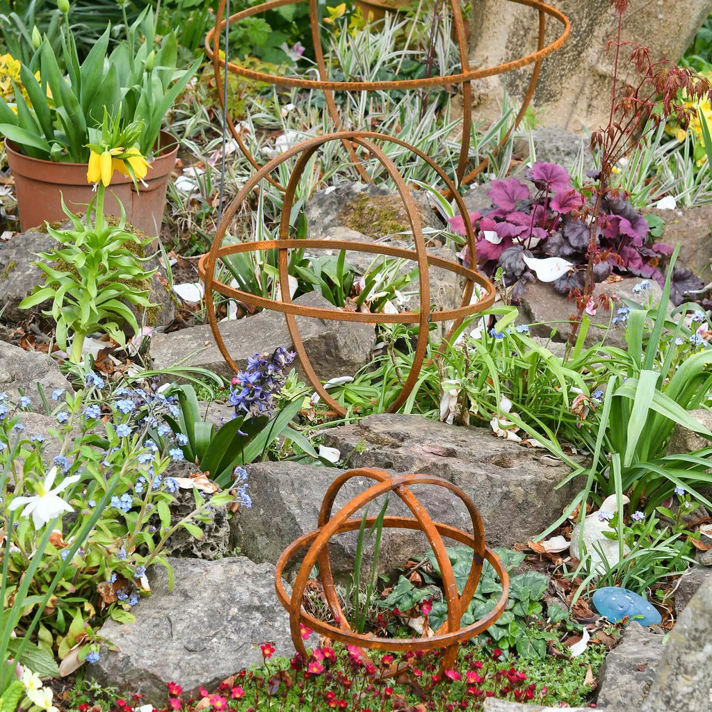 Rusty Metal Garden Sphere Trio Sculpture
