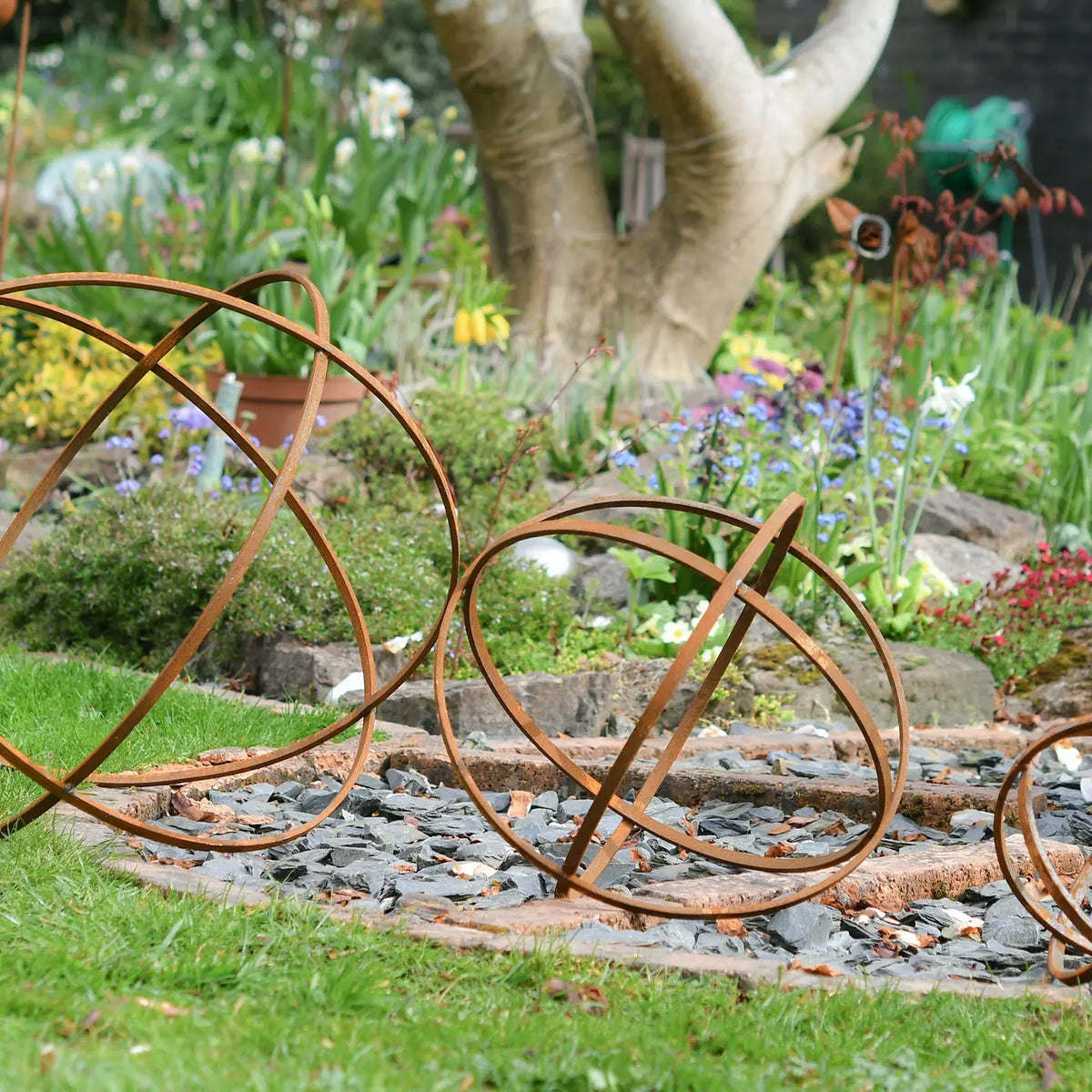Rusty Metal Garden Sphere Trio Sculpture