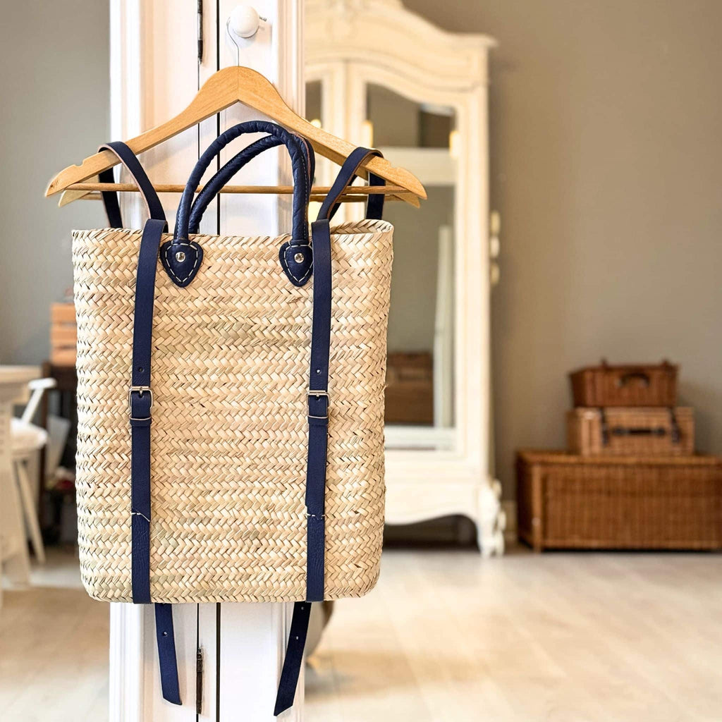 Straw Back Pack with Leather Strap