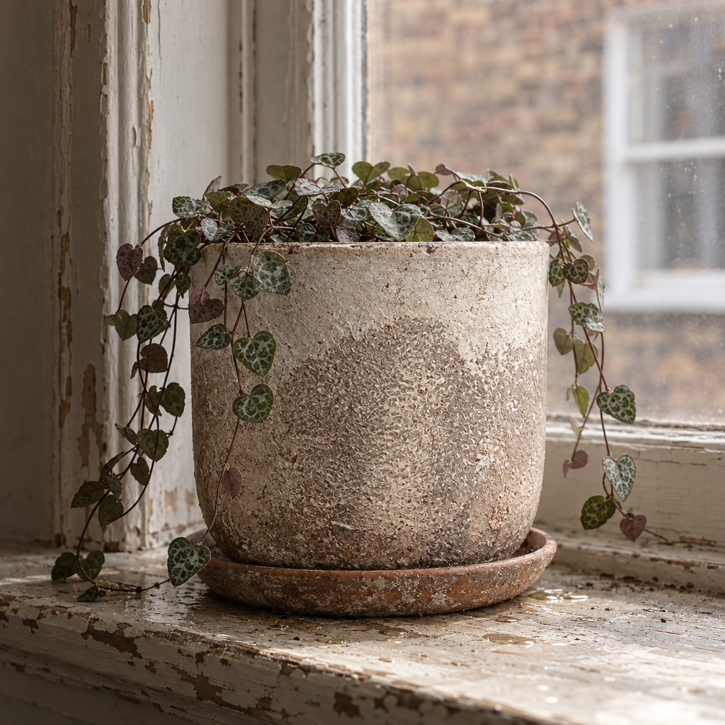 Albero weathered stone-effect planter with trailing string-of-hearts on a sash window sill