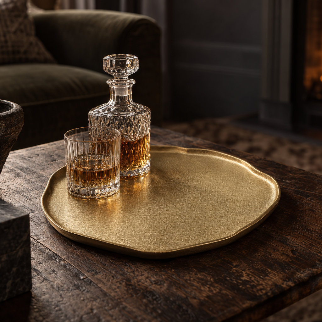 Alice Osmose organic gold tray with a decanter and tumbler on a walnut coffee table