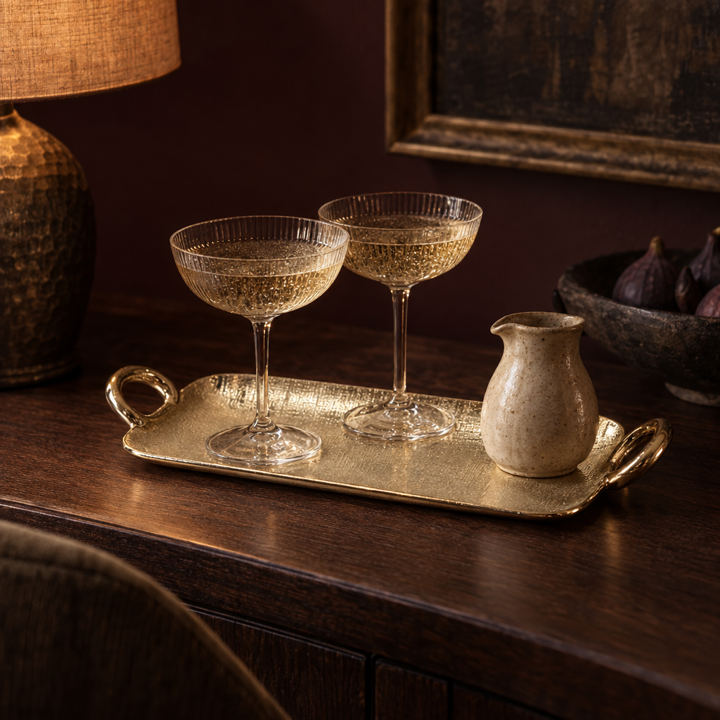 Alice rectangular gold tray with coupe glasses on a walnut sideboard