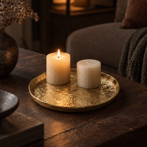 Alice round hammered gold tray with candles on a coffee table