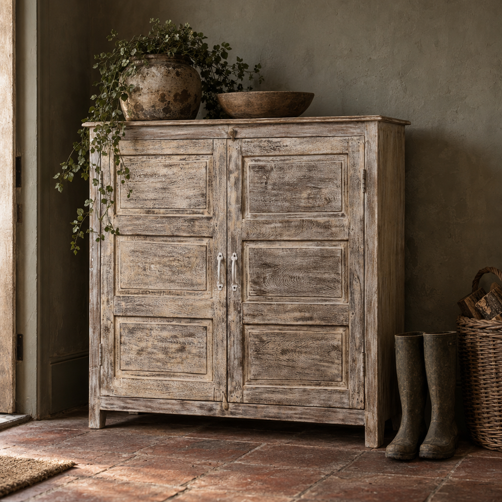 Antique whitewashed solid wood cupboard in a farmhouse hallway