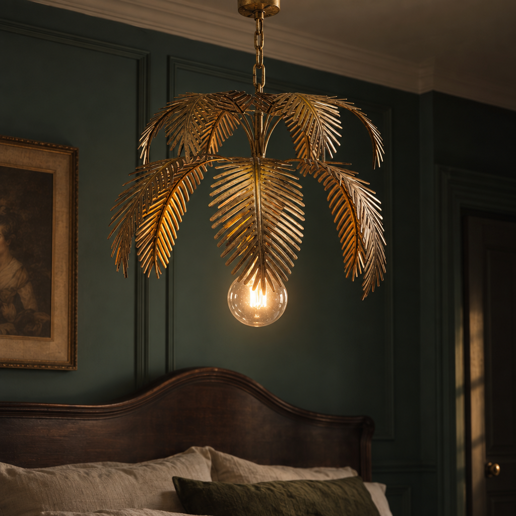 Antiqued gold leaf chandelier pendant lit in a green panelled bedroom