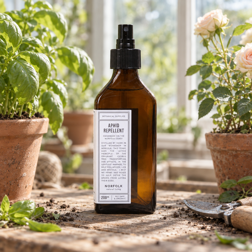 Norfolk Natural Living Aphid Repellent on a greenhouse potting bench