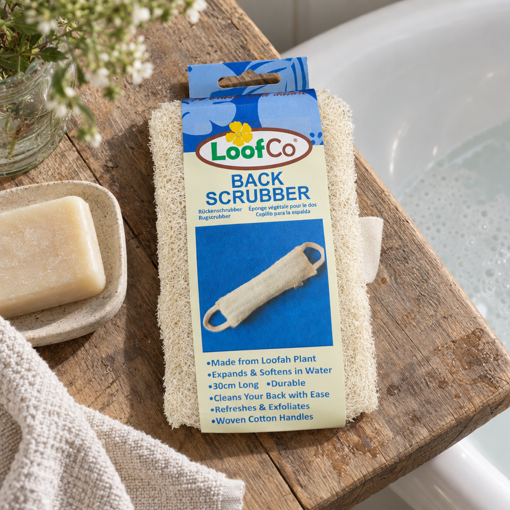 LoofCo loofah back scrubber on a bath ledge