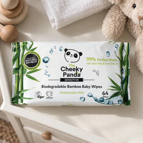 The Cheeky Panda sensitive bamboo baby wipes on a nursery changing unit