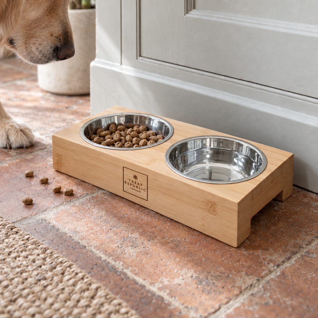 Bamboo pet bowl set with two steel bowls on a terracotta kitchen floor