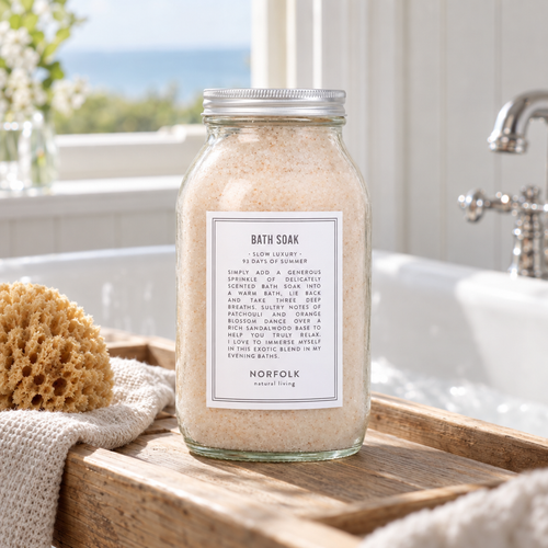 Norfolk Natural Living 93 Days of Summer Bath Soak on a bath tray