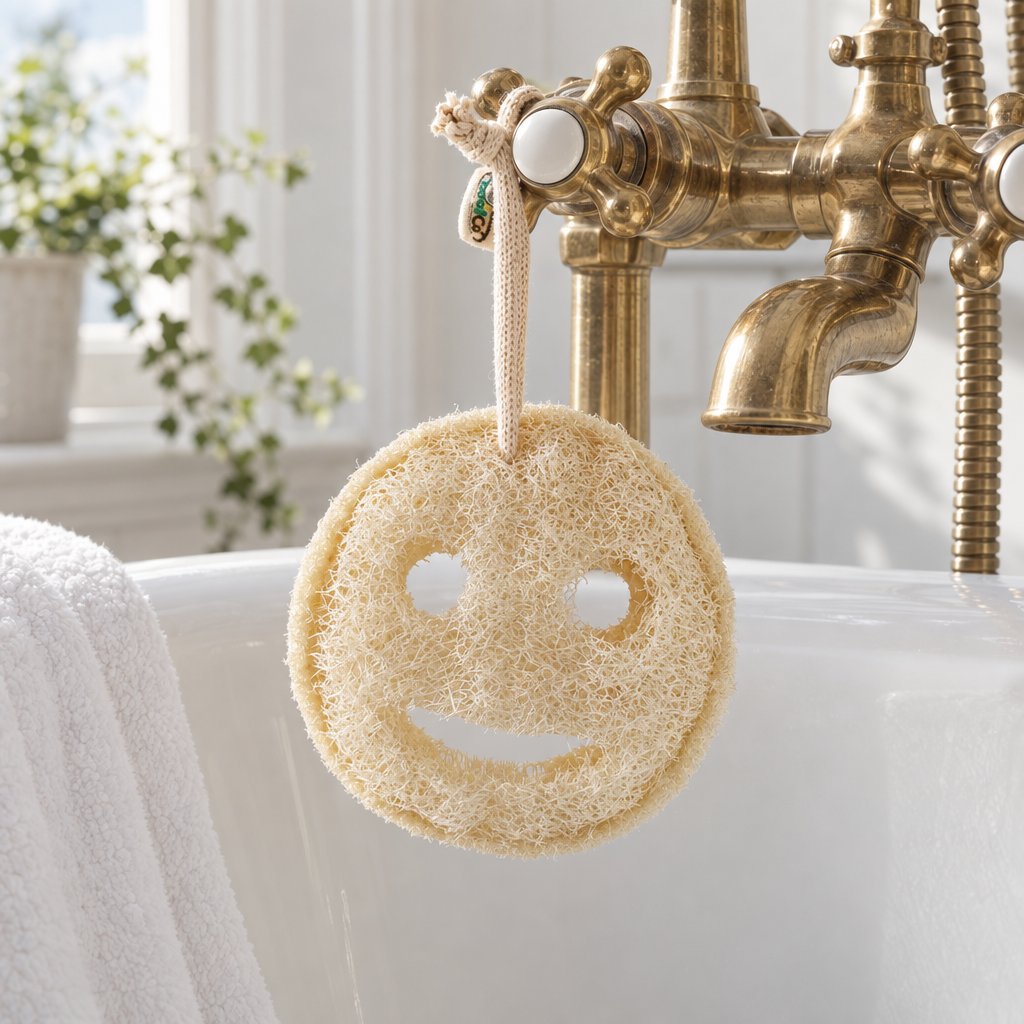 Loofah smiley face scrubber hanging from a bath tap