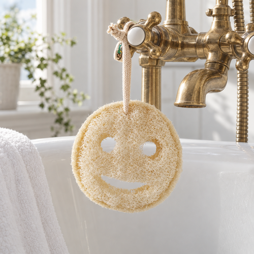 Loofah smiley face scrubber hanging from a bath tap