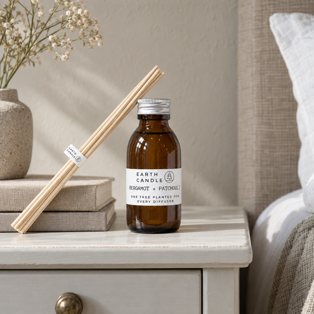 Earth Candle Bergamot and Patchouli reed diffuser on a bedside chest