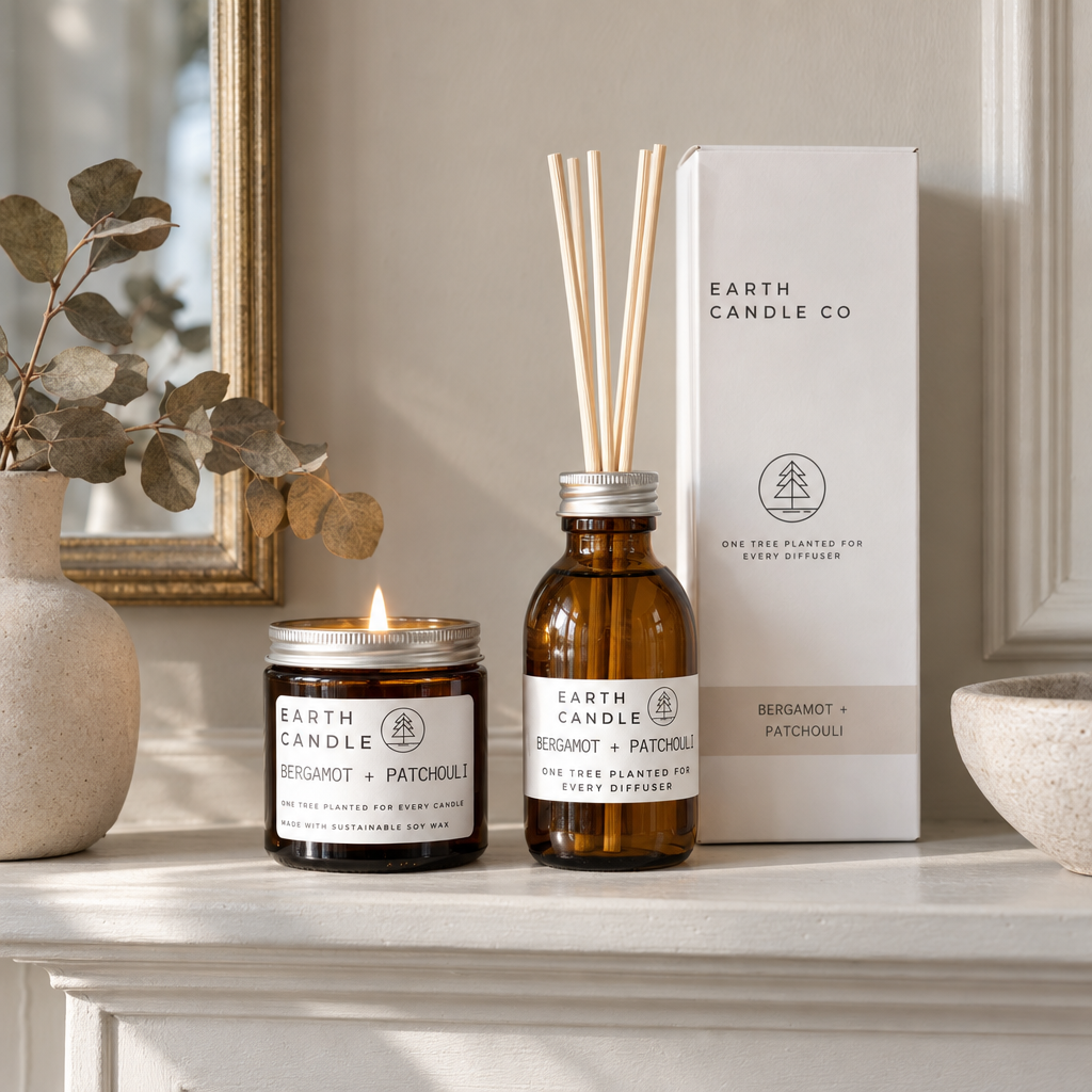 Earth Candle Bergamot and Patchouli candle and reed diffuser set on a mantelpiece
