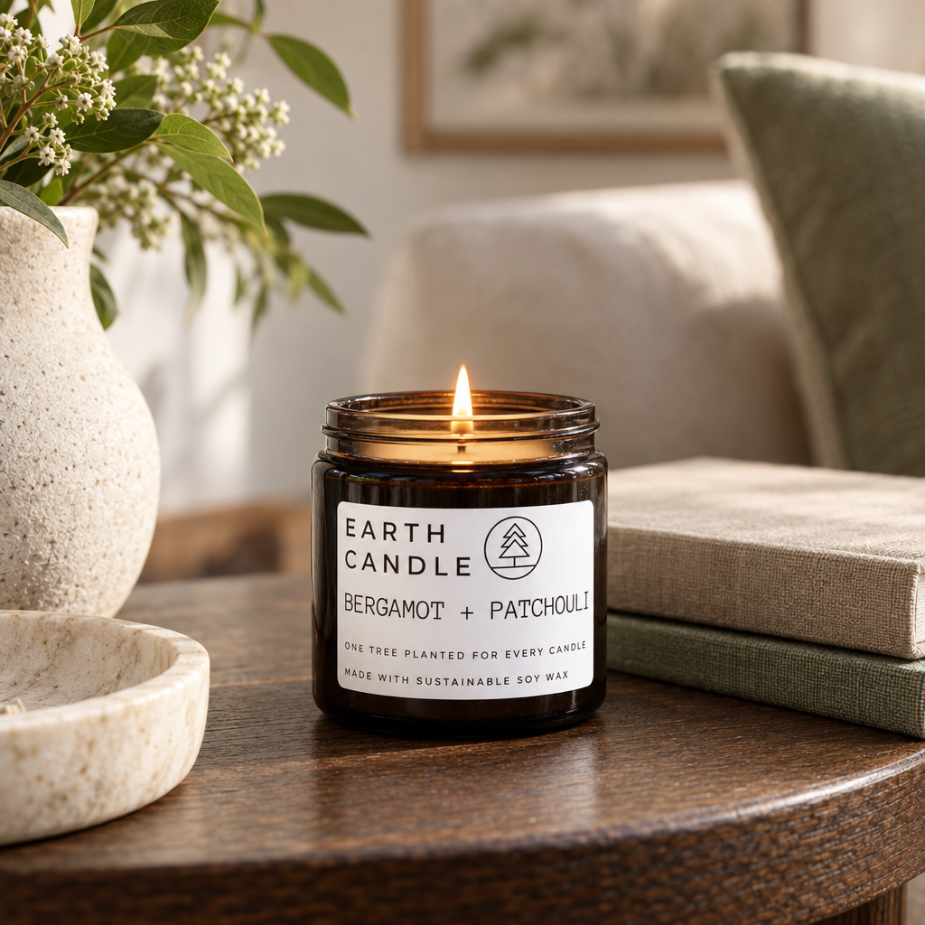 Earth Candle Bergamot and Patchouli soy candle lit on a side table
