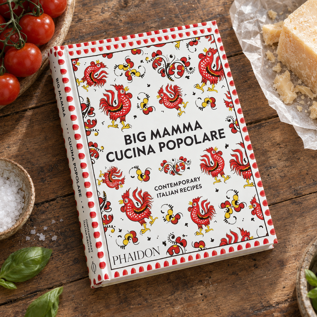 Big Mamma Cucina Popolare cookbook (Phaidon) on a walnut kitchen table with tomatoes and parmesan